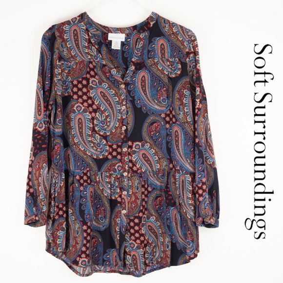 Soft Surroundings Paisley Blouse Long Sleeve Shirt Rayon Size Medium Petite - Picture 1 of 5